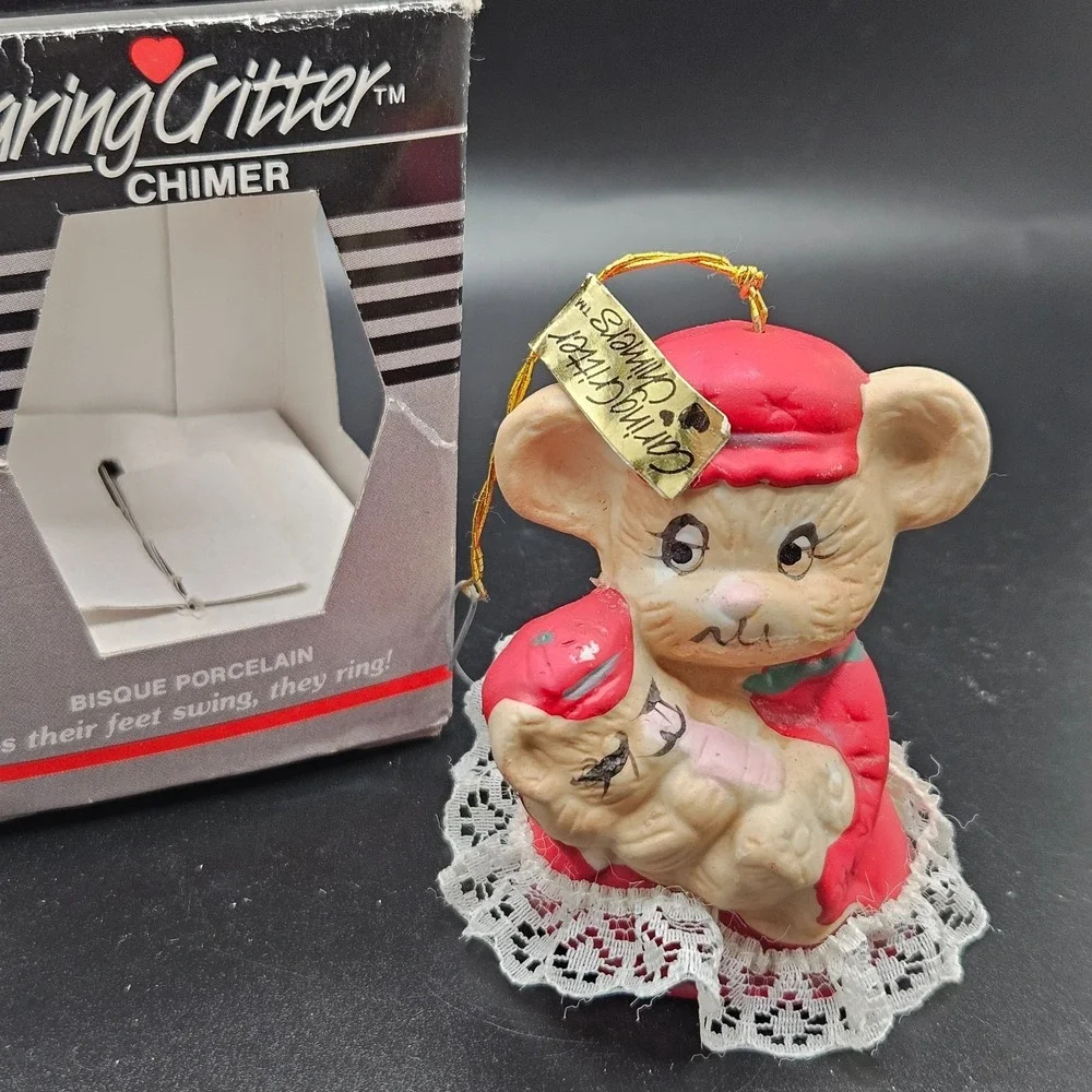 Vintage Chiming Critters Mouse Holding Baby Christmas Ornament Lace Trim 3